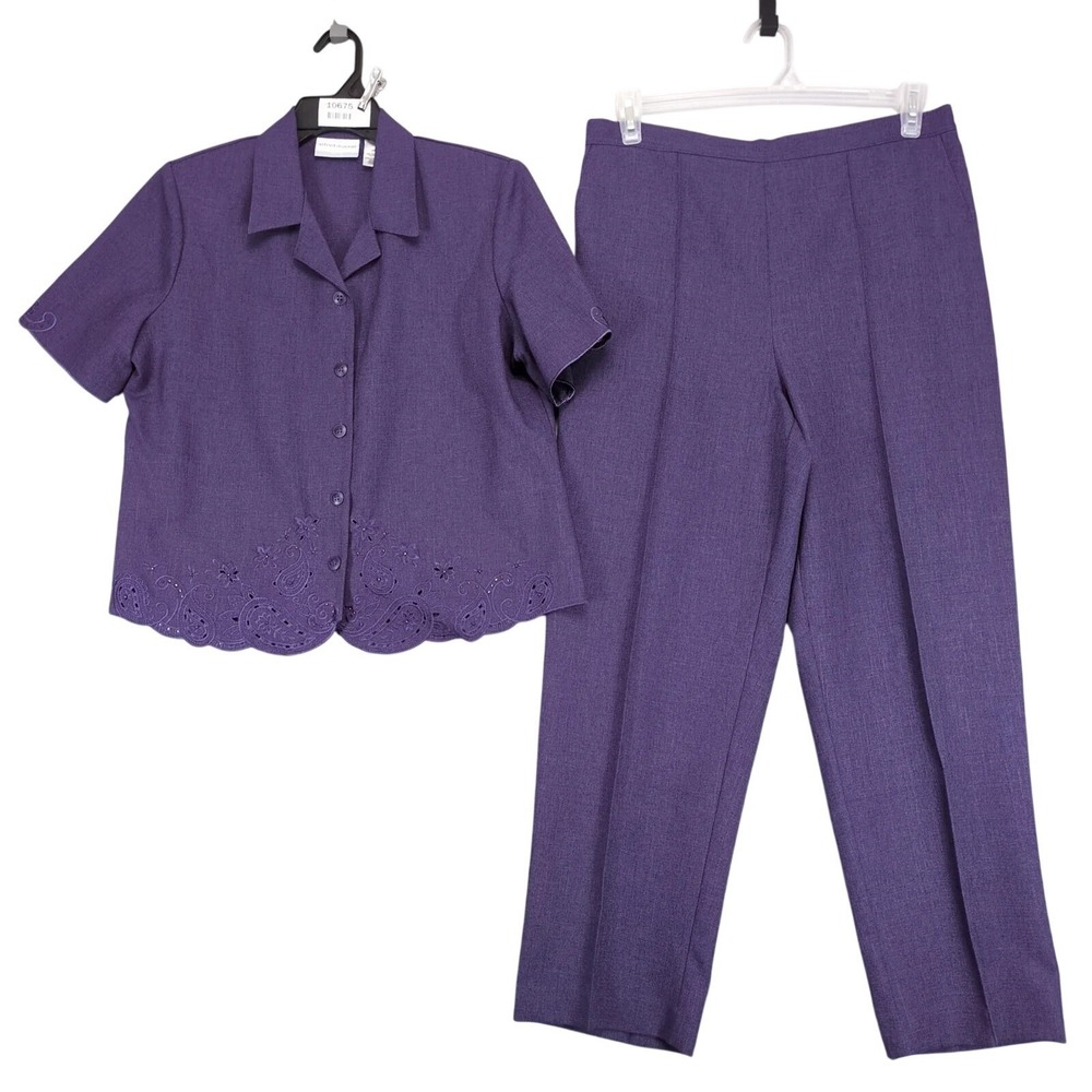 Alfred Dunner Purple 2pc Outfit Set Womens 12P Top & 14P Pants Embroidered